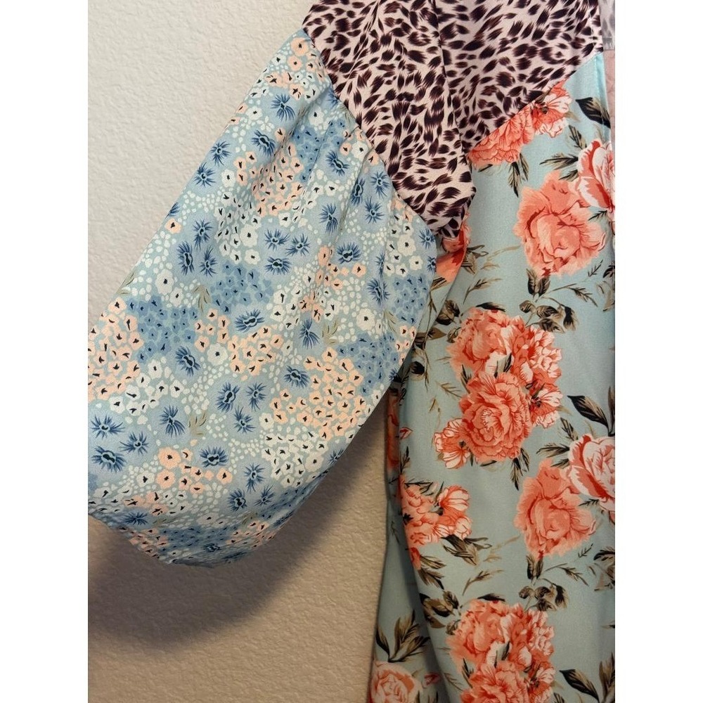 NWT-Mixed Print‎ Floral Leopard Kimono/Coverup Open Front Blue Coral Small - Picture 4 of 5